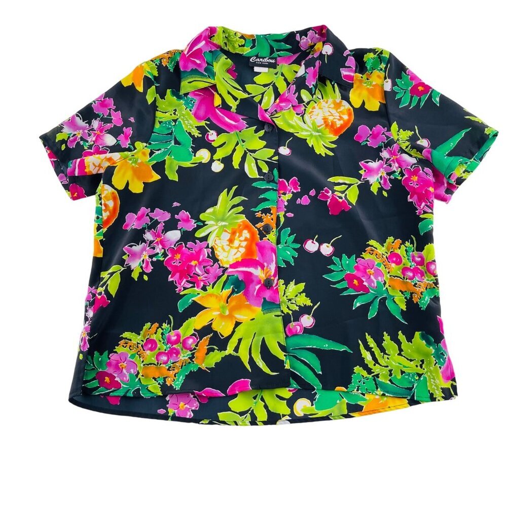Vintage Caribou New York Womens Floral Blouse 100% Polyester Size 9 Bright Tropi